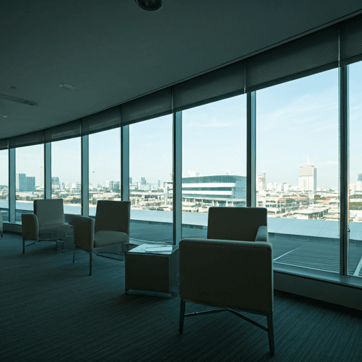 Modern high-end medical facility interior in Bangkok with floor-to-ceiling windows and warm afternoon sunlight