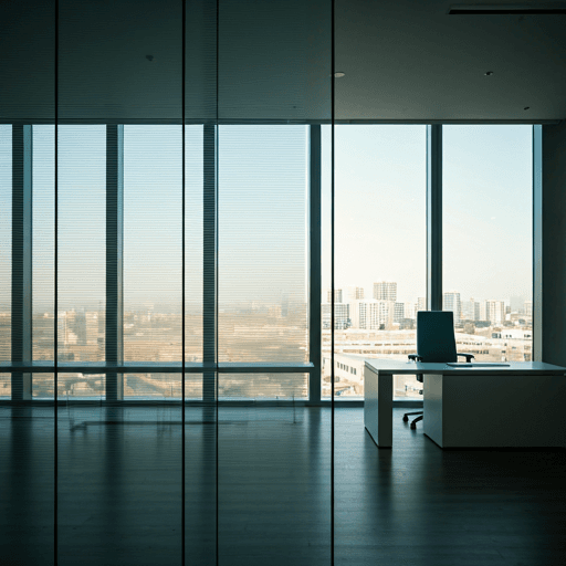Modern high-end medical office with large windows, minimalist design, and soft natural morning light